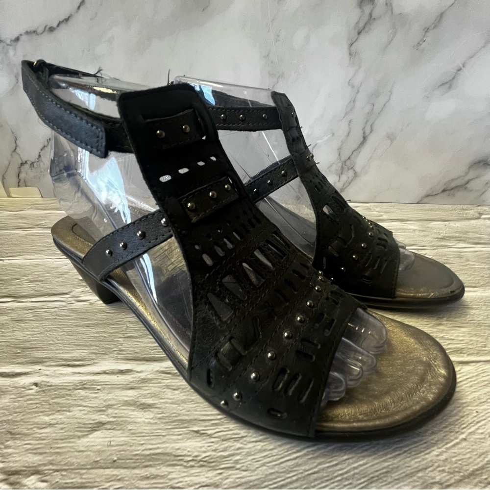 Naot Vogue Black Cut Out Accent Leather Slingback Heeled Sandal